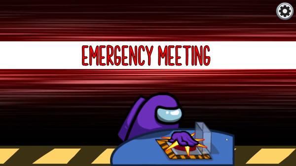 Screenshot from Among Us showing a purple crewmate calling an emergency meeting, with a red and white alert in the background.