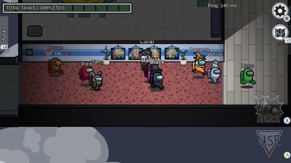 Screenshot from Among Us showing colorful crewmates in a hallway. They are near arcade machines, with tasks partially completed.