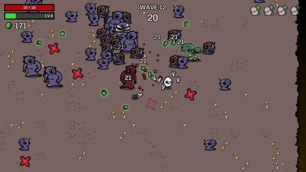Brotato screenshot: A lone character fends off a swarm of cartoon monsters, with health and level indicators visible.