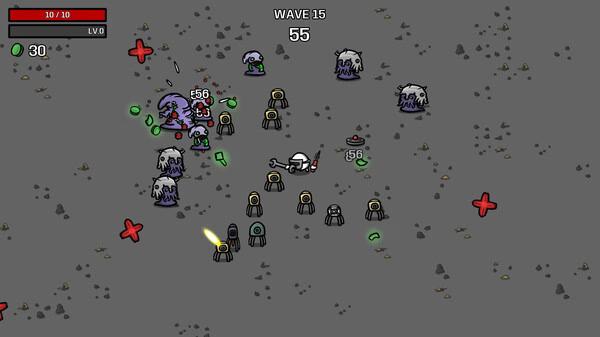Brotato screenshot: The character battles waves of enemies on a gray terrain, health and wave number visible at the top.