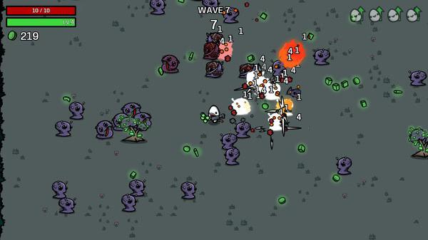 Brotato screenshot: A character battles numerous purple alien creatures on a gray field, with health and currency displayed on-screen.
