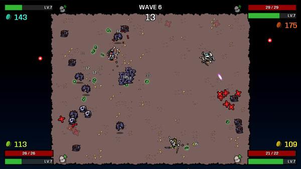 Screenshot from Brotato: A character battles enemies on a barren field. Health and stats are displayed at the screen's edges.