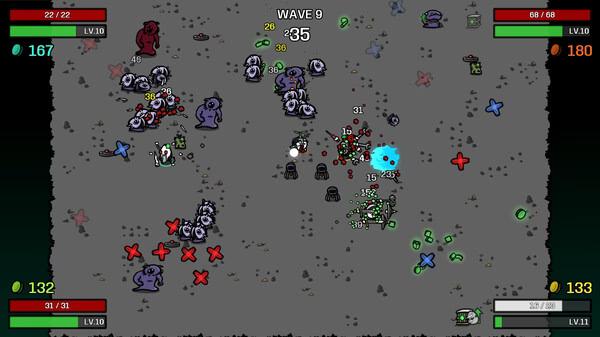 Screenshot from Brotato: A character battles various monsters in Wave 9, with health and level indicators visible.