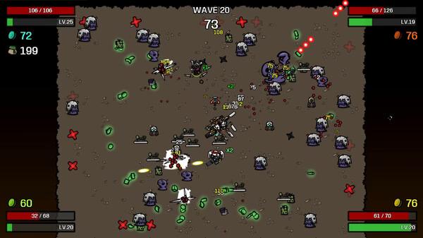 Brotato screenshot: A player character battles waves of enemies on a dirt battlefield, surrounded by power-ups and health bars.