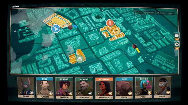Screenshot from the game Dispatch showing a city map with icons and avatars indicating tasks and character statuses.