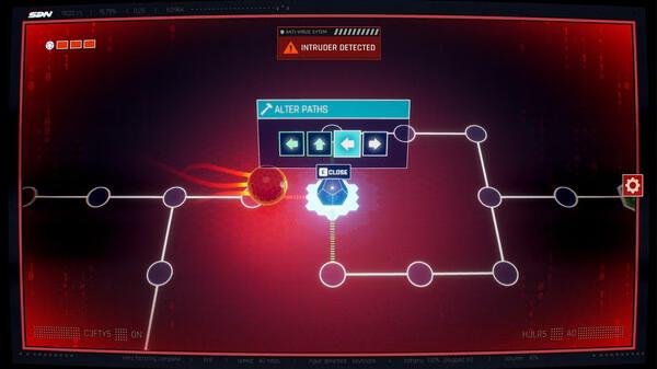 Screenshot from the game Dispatch showing a network grid with an 'Intruder Detected' alert and options to alter paths.