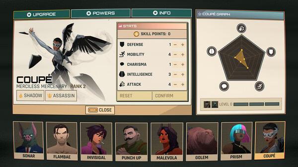 Screenshot of "Dispatch" showing the character selection screen with stats for Coupé, a merciless mercenary at Rank 2.
