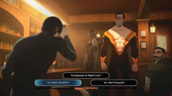 Screenshot from the game Dispatch showing a character taking a photo in a bar while dialogue options appear at the bottom.