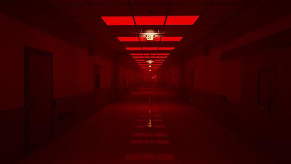 A screenshot from Escape the Backrooms showing a long, eerie hallway lit by red lights and an illuminated exit sign in the distance.