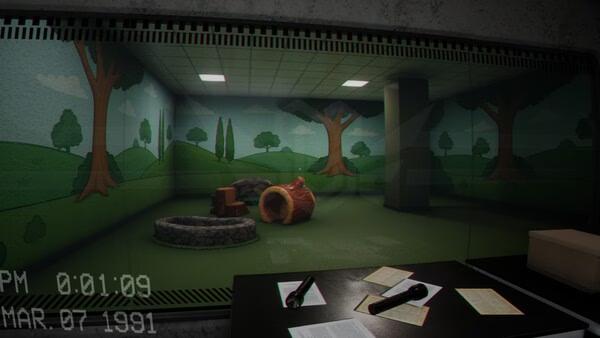 Screenshot from Escape the Backrooms showing a room with a playground mural, toy props, papers, and flashlights on a desk.
