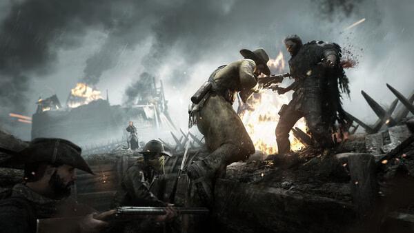 Screenshot from Hunt: Showdown 1896 showing intense combat with hunters in a trench, one aiming a gun, amidst a fiery battlefield.
