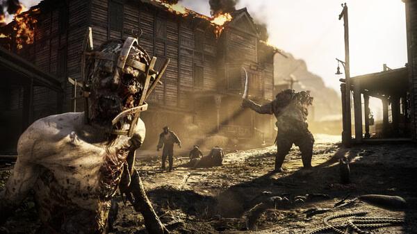 Screenshot from Hunt: Showdown 1896 showing zombies attacking near a burning wooden building with smoke rising.