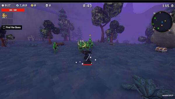 Screenshot from Megabonk: A player character battles green monsters in a misty forest, aiming to find the boss.