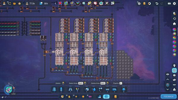 Screenshot of shapez 2 - Factory showing a complex factory layout with conveyor belts, machines, and resource nodes on a grid.