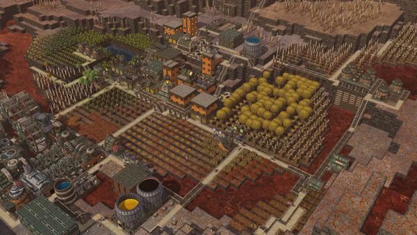 Screenshot of Timberborn showing a detailed beaver settlement with farms, buildings, water tanks, and industrial structures.