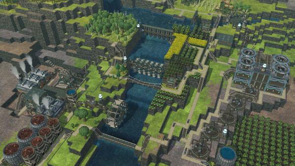 Screenshot from Timberborn showing a detailed beaver settlement with waterwheels, bridges, and lush farms along a winding river.