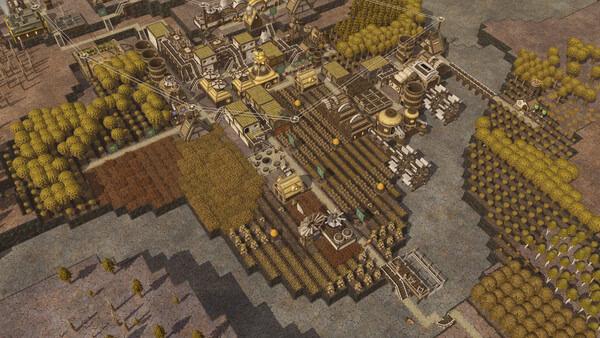 Screenshot from Timberborn showing a bustling beaver settlement with farms, buildings, and waterways on a detailed map.