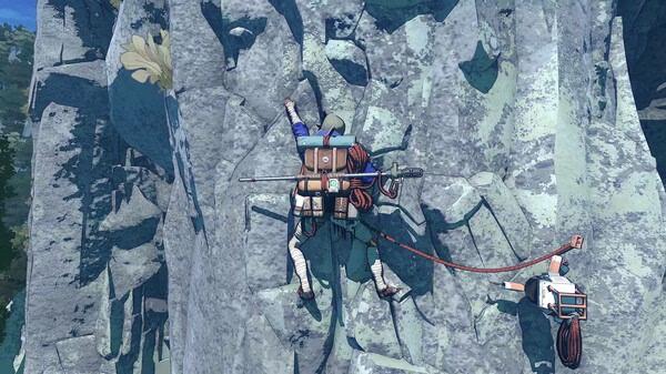 Cairn screenshot: A climber scales a rocky cliffside, equipped with a backpack and rope, set against a scenic mountainous backdrop.