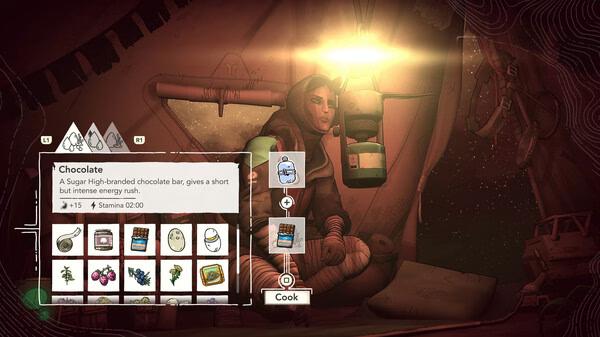 Cairn screenshot showing a cooking menu with food items and a character sitting inside a dimly lit tent.