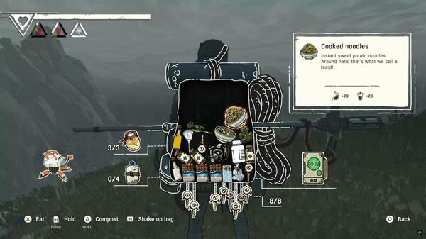 Screenshot from Cairn game showing an open backpack with various items, including cooked noodles and tools, set against a mountain background.