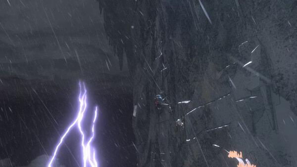 Screenshot from the game Cairn, showing a climber scaling a steep, rocky cliff amidst heavy rain and lightning.