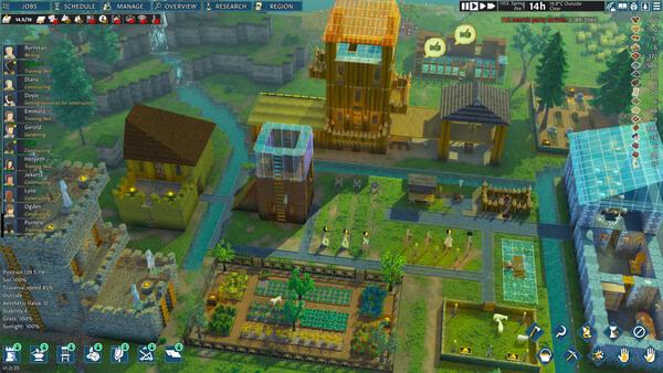 Screenshot from Going Medieval showing a developed settlement with farms, buildings, and workers in a vibrant, green landscape.