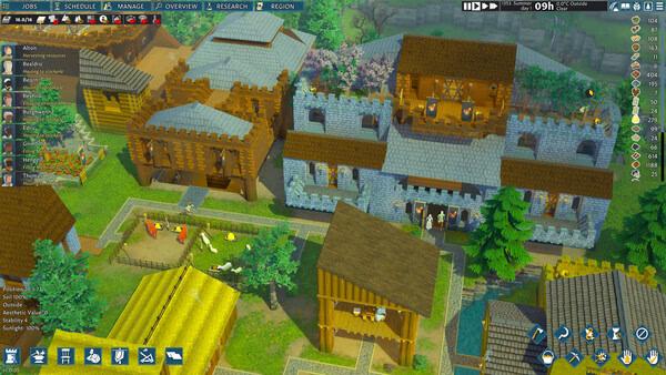 A screenshot from Going Medieval showing a medieval settlement with stone and wooden buildings, farm animals, and surrounding greenery.