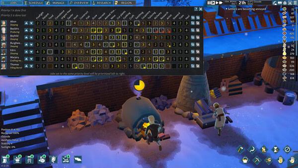 Screenshot from Going Medieval showing a priority management menu overlay and settlers working near a lit furnace in a snowy environment.