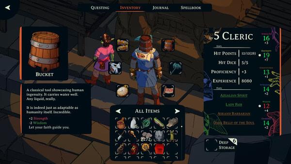 Screenshot from Esoteric Ebb: Inventory screen showing a bucket and various items with character stats on the right.