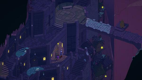 Screenshot from Esoteric Ebb game showing a character standing by a door in a mysterious, dimly lit castle setting.