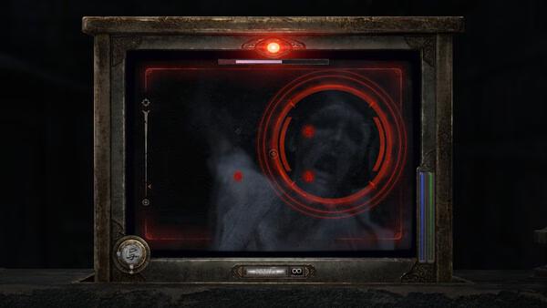 Screenshot from FATAL FRAME II: Crimson Butterfly REMAKE showing a ghostly face captured in a camera frame with red target markers.