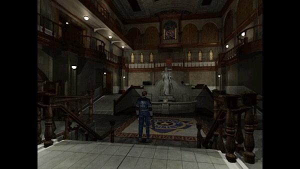 A screenshot from Resident Evil 2 (1998) showing the main hall of the Raccoon Police Department with a statue and stained glass windows.