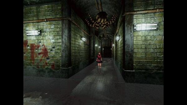 Resident Evil 2 (1998) screenshot: A character stands in a dimly lit corridor as a giant spider hangs from the ceiling above.