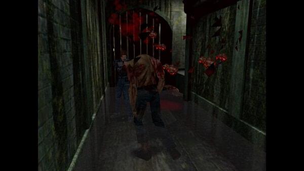 Resident Evil 2 (1998) screenshot: A player character faces a zombie in a dim, narrow hallway, with shattered debris suspended in midair.