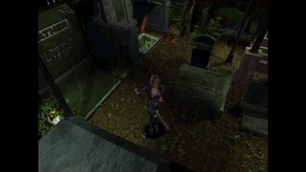 Resident Evil 3 Nemesis (1999) screenshot: Character stands in a dimly lit graveyard surrounded by tombstones and foliage.