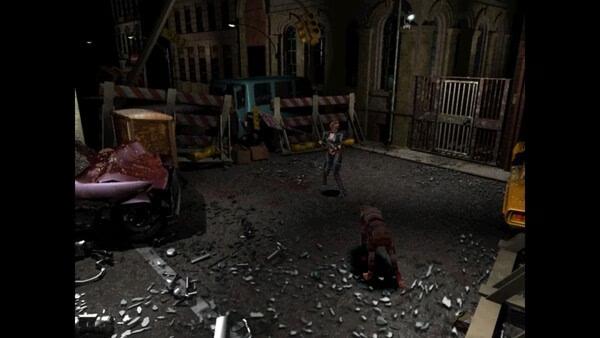 Screenshot from Resident Evil 3 Nemesis (1999) showing a character aiming a weapon at a creature in a debris-filled urban setting.
