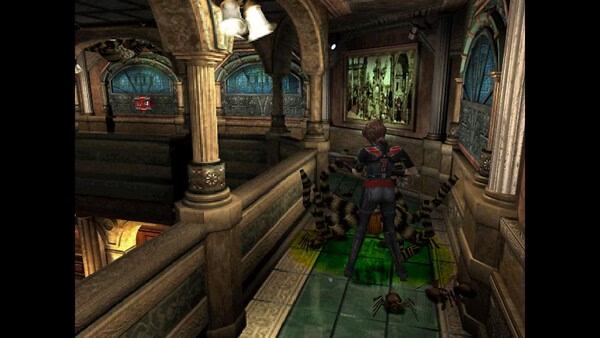 Screenshot of Resident Evil 3 Nemesis (1999) showing a character facing large spiders in an ornate hallway with gothic architecture.