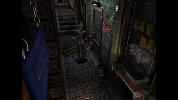 Screenshot from Resident Evil 3 Nemesis (1999), showing Jill Valentine in an alley inspecting a fallen man near a barbershop.
