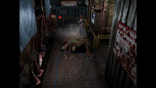 Resident Evil 3 Nemesis (1999) screenshot: A character stands over a defeated monster in a dimly lit industrial area with metal flooring.