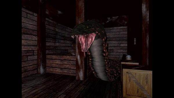 Resident Evil (1996) screenshot: A giant snake emerges in a dimly lit wooden room, ready to attack the player.