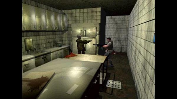 Resident Evil (1996) screenshot: A tense standoff in a dimly lit kitchen as two characters aim weapons at each other.