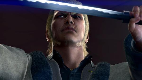 A Yakuza Kiwami 2 screenshot showing a character holding a sword dramatically under a dark background.