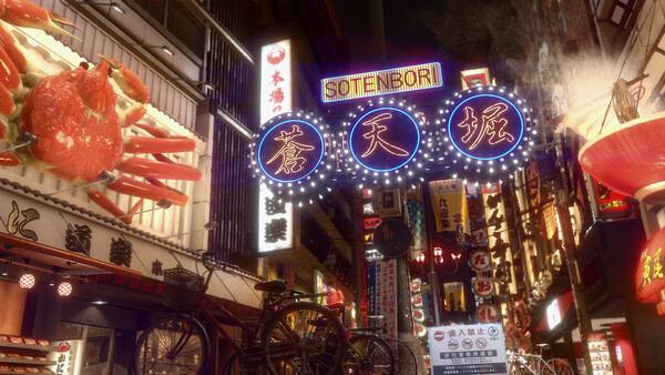 Yakuza Kiwami 2 screenshot: Vibrant Sotenbori street with neon signs and a giant crab, showcasing the bustling nightlife.