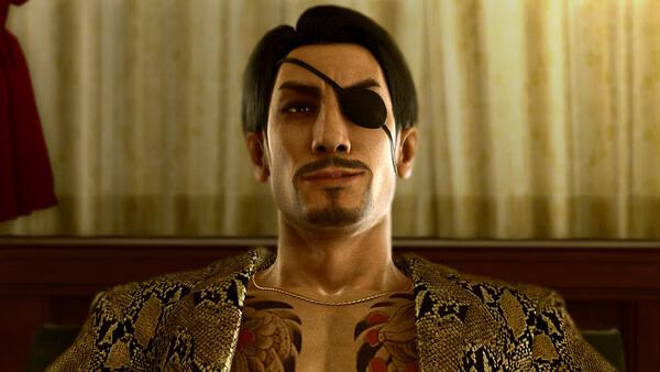Screenshot from Yakuza Kiwami 2 showing a character with a dragon tattoo on their chest, wearing a snakeskin-patterned jacket.