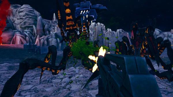 Screenshot from 'Starship Troopers: Ultimate Bug War!' showing a player battling large alien bugs with a futuristic rifle.