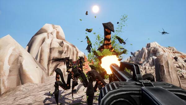 Starship Troopers: Ultimate Bug War! screenshot: A player fires at giant insect creatures in a rocky desert landscape under a bright sun.
