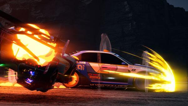 Screamer screenshot: Two cars collide in a high-speed race, with vibrant flames and sparks flying against a rocky backdrop.