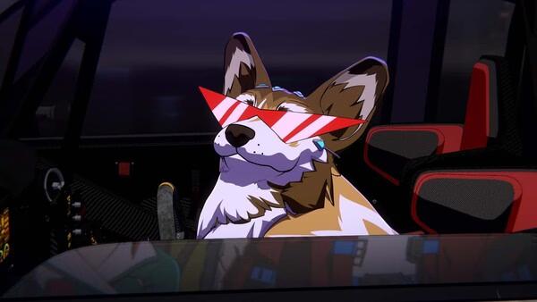 Screamer screenshot: A stylish animated corgi with red sunglasses sits confidently in the driver's seat of a sleek car.