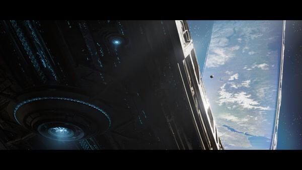 A screenshot from Halo: Campaign Evolved showing a massive space structure and a distant planet in the background.