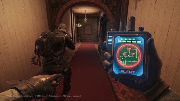 Screenshot from Tom Clancy's Rainbow Six Siege showing a player holding a gadget with an alert sign in a dimly lit hallway.